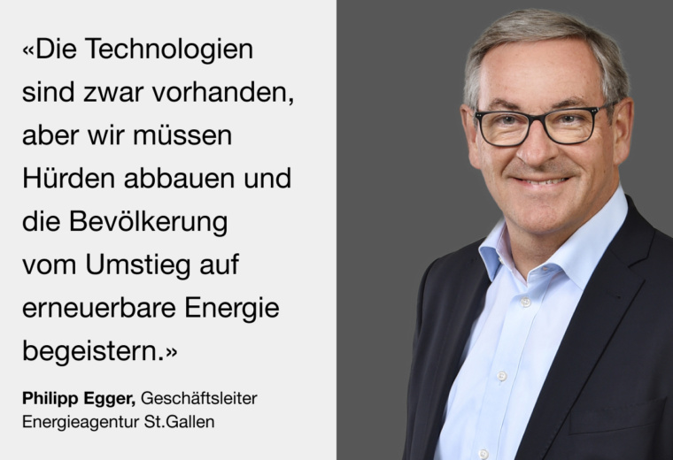 Zitat und Porträtbild von Philipp Egger, Geschäftsleiter Energieagentur St.Gallen
